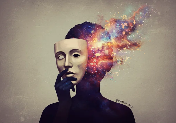 Seseorang memegang topeng kosong di atas diri sebenar mereka yang bertenaga.