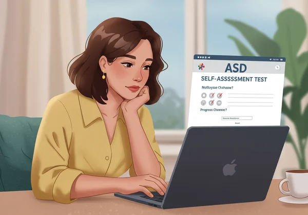 Wanita sedang berfikir semasa mengambil ujian penilaian kendiri ASD dalam talian