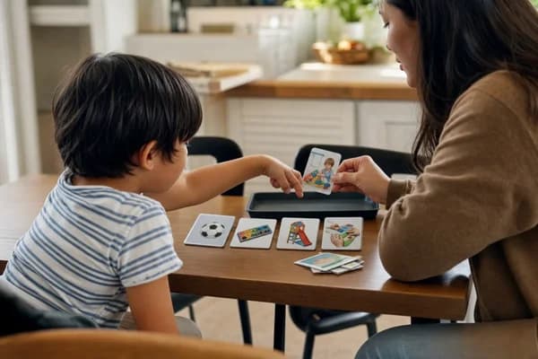 Child using picture cards at a table
