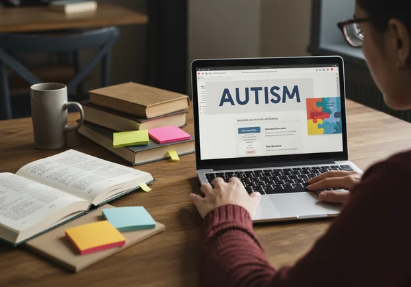 Person learning about autism from books and online resources