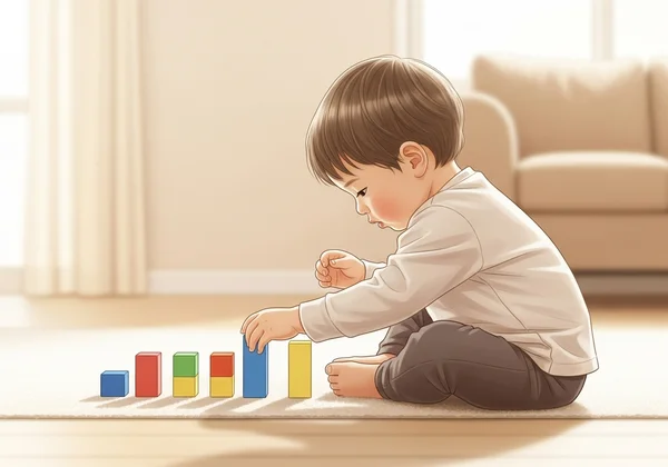 A young child playing with building blocks in a unique way
