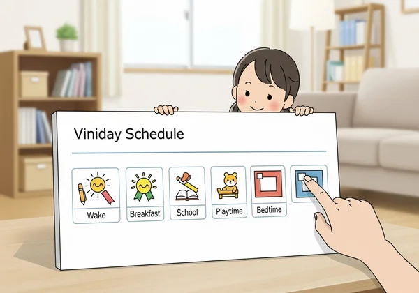 A visual schedule board with pictures for daily routines