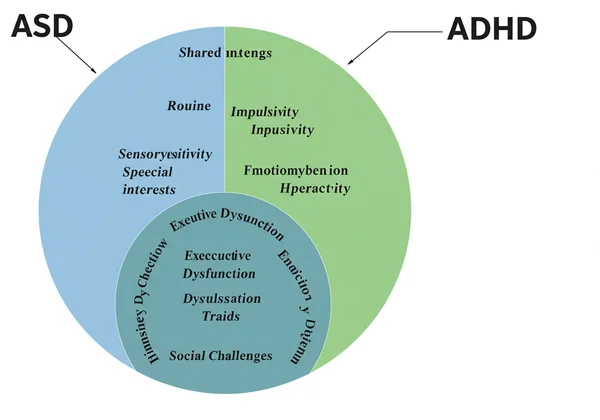 Venn diagram showing the overlap of ASD and ADHD traits