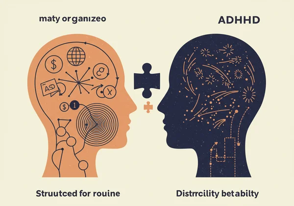 Two puzzle pieces representing ASD and ADHD brains