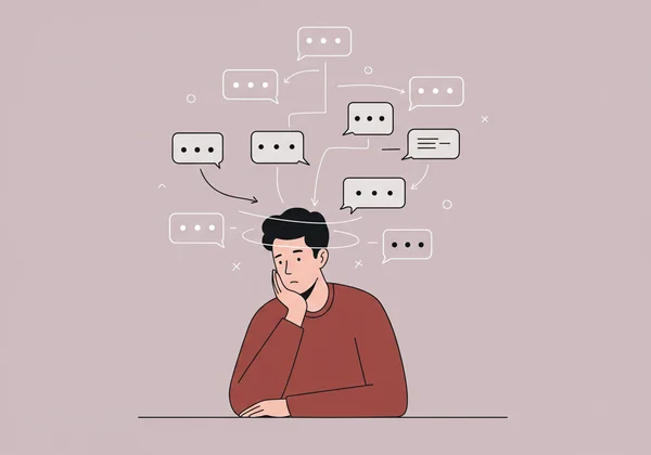 Persona planificando mentalmente una conversación con burbujas de diálogo.